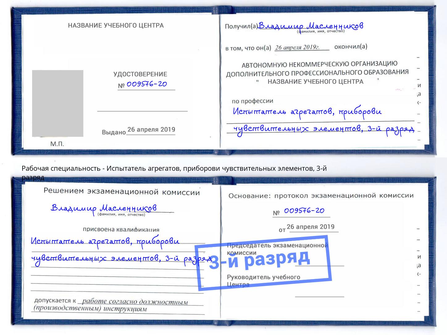 корочка 3-й разряд Испытатель агрегатов, приборови чувствительных элементов Воскресенск