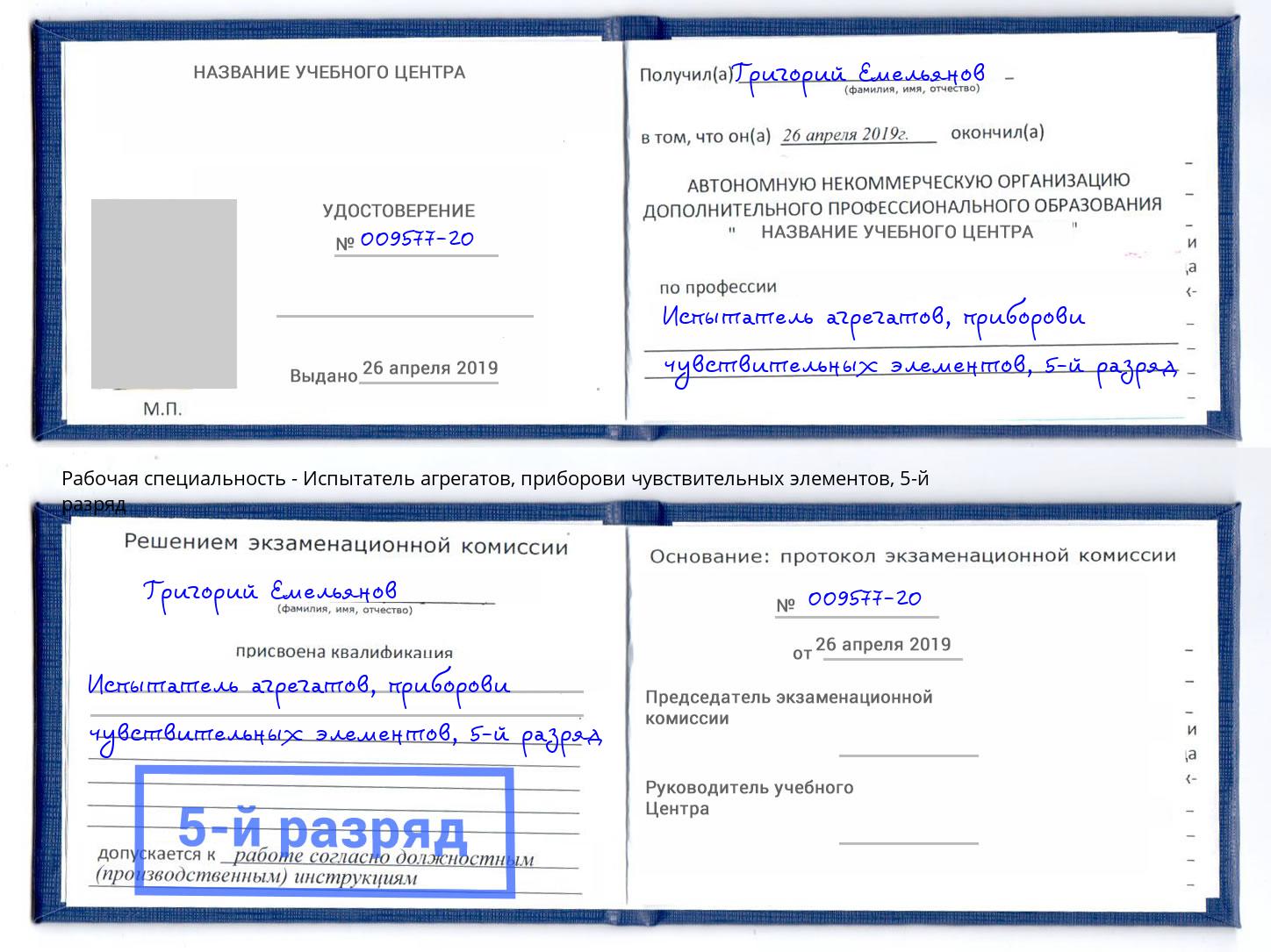 корочка 5-й разряд Испытатель агрегатов, приборови чувствительных элементов Воскресенск
