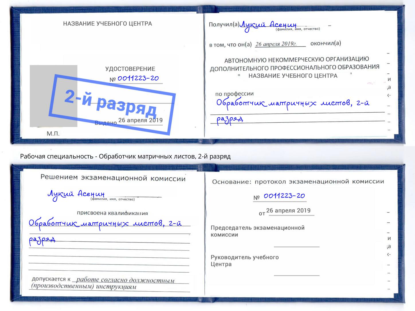 корочка 2-й разряд Обработчик матричных листов Воскресенск