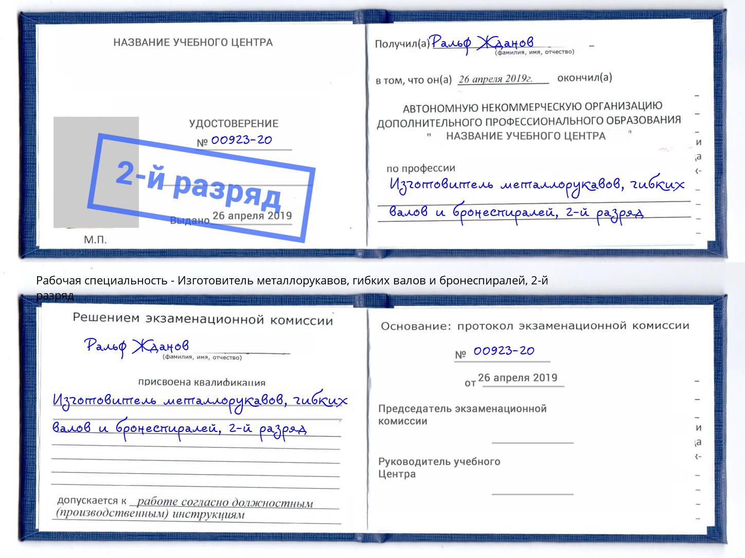 корочка 2-й разряд Изготовитель металлорукавов, гибких валов и бронеспиралей Воскресенск